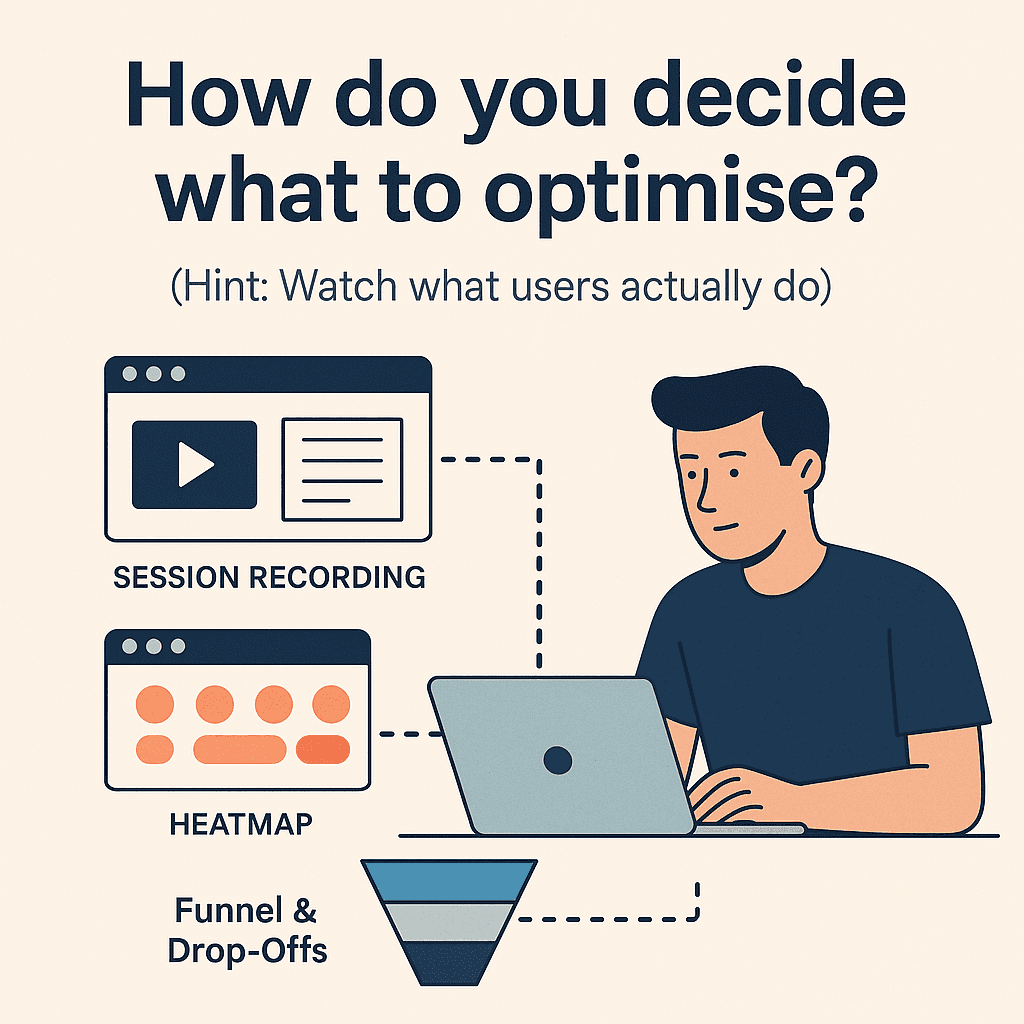 A flat digital illustration showing Adrian Iancu working on a laptop, surrounded by UX analysis icons including session recordings, heatmaps, and funnel drop-off graphics. The title reads “How do you decide what to optimise?” with the subtext “Hint: Watch what users actually do.”