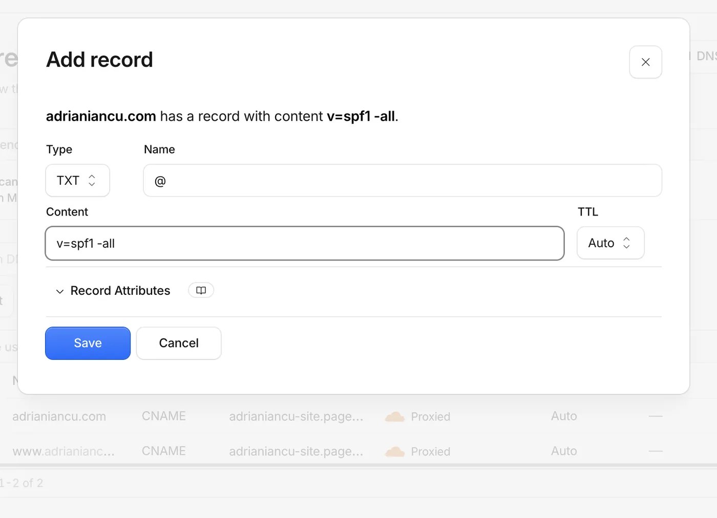 Cloudflare add record form with a TXT record for SPF