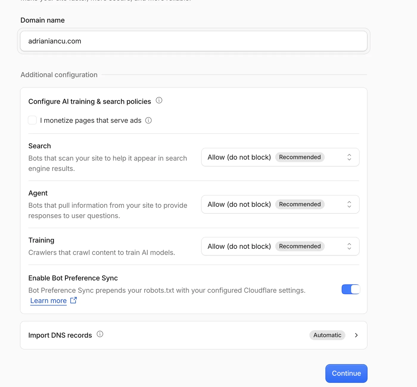 Cloudflare AI training and search policies with Allow selected and Bot Preference Sync toggle