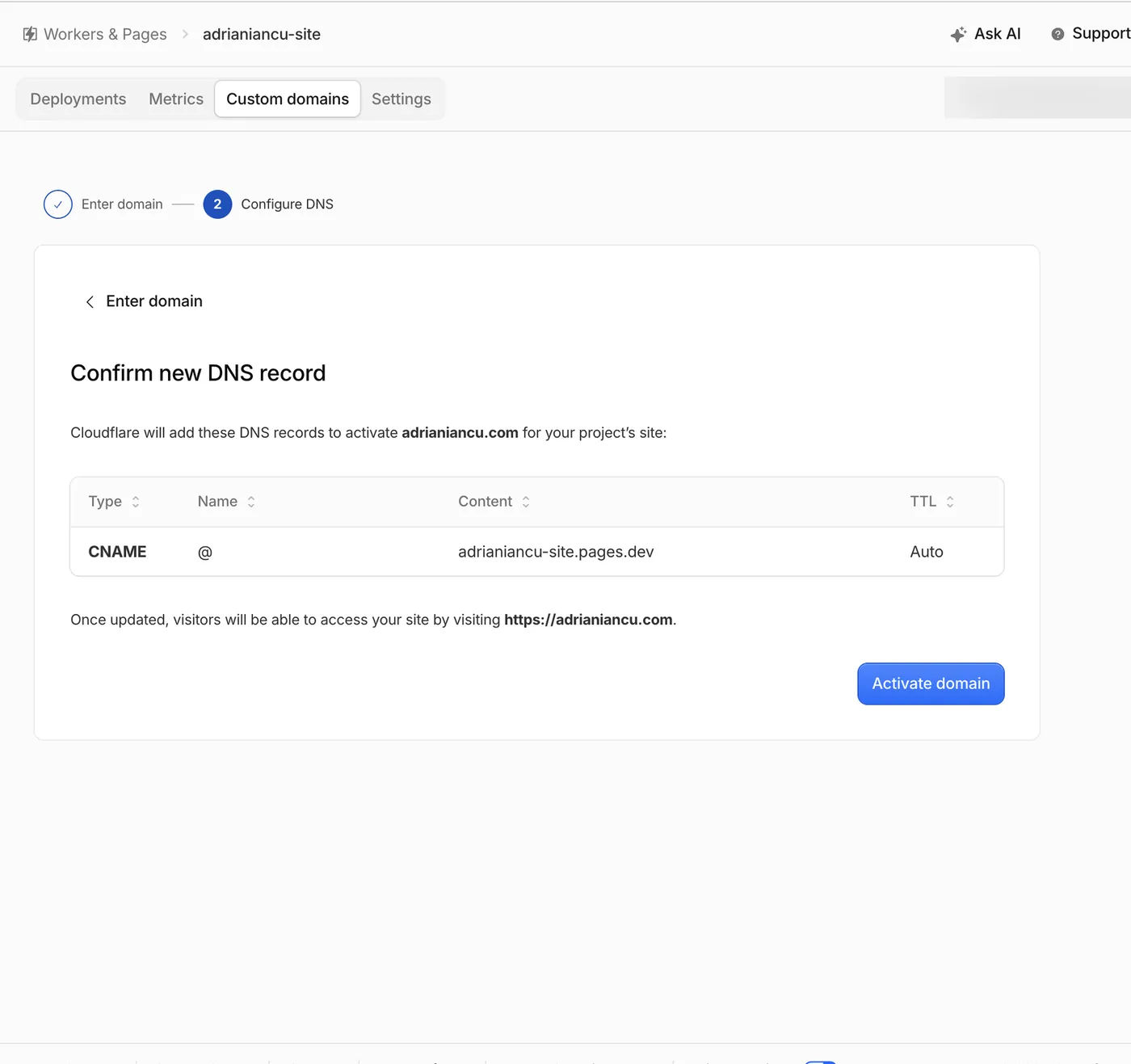 Cloudflare confirm new DNS record for the custom domain