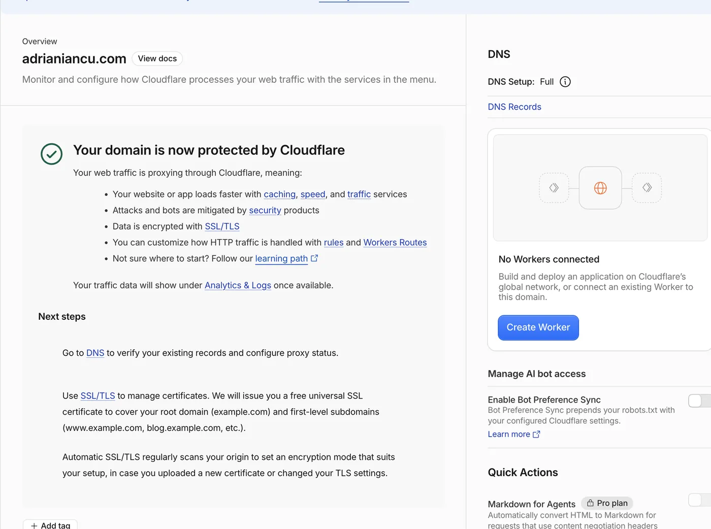 Cloudflare overview showing the domain is now protected by Cloudflare