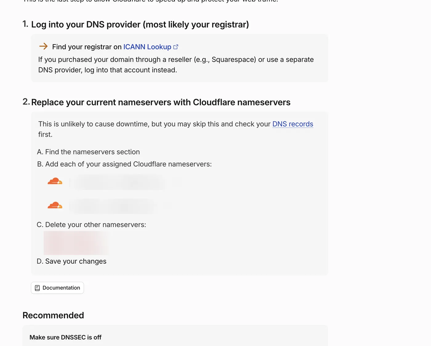Cloudflare instructions to replace nameservers, with the assigned nameservers blurred
