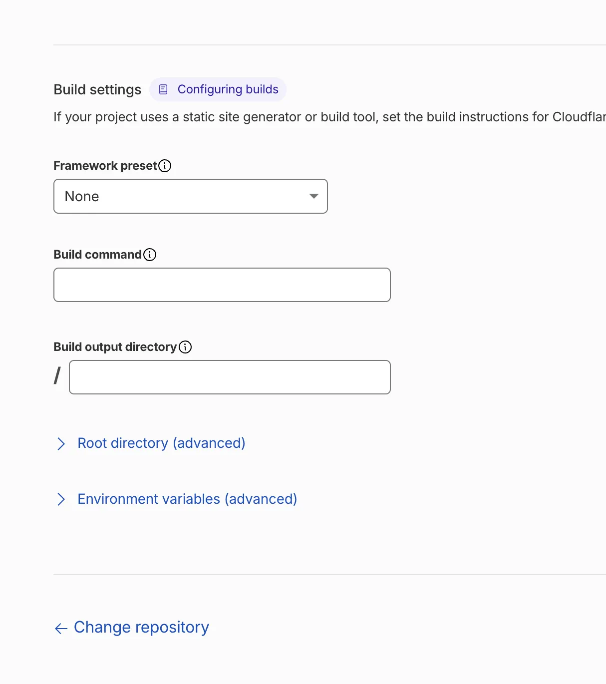 Cloudflare Pages build settings form with framework preset, build command and output directory