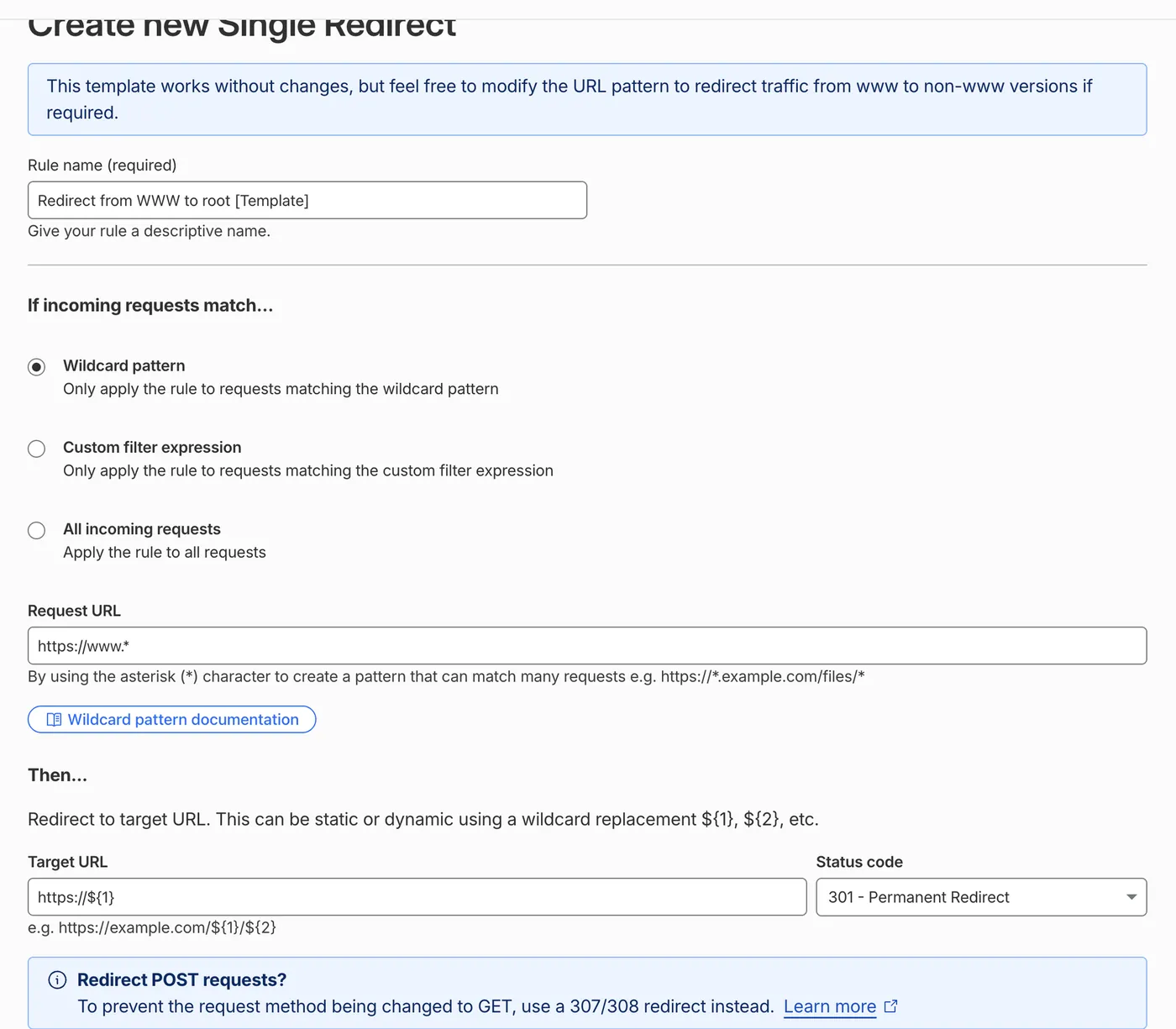 Cloudflare redirect rule template from www to root with status 301