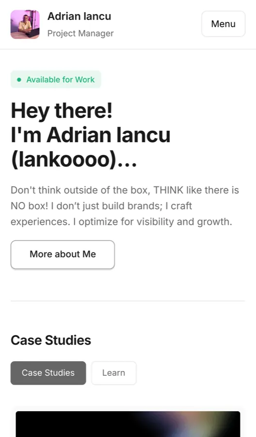 adrianiancu.com home page on a phone after the migration